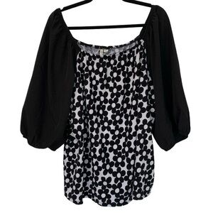 CATO Women’s Top Off Shoulder Blk/Wht Daisy Peasant Balloon 3/4 Sleeves 18/20W